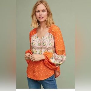Anthropologie Maeve Ceresco Mixed Print Peasant Top